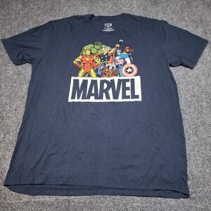 Rare MARVEL  LOGO CAST Mens 2XL Navy Blue T‎ Shirt Excellent Condition